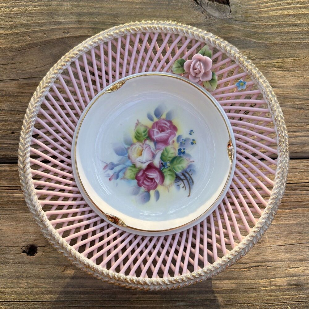 Vintage Porcelain Ashtray Japan Delicate Lattice Work & Gold Edge Hand Painted